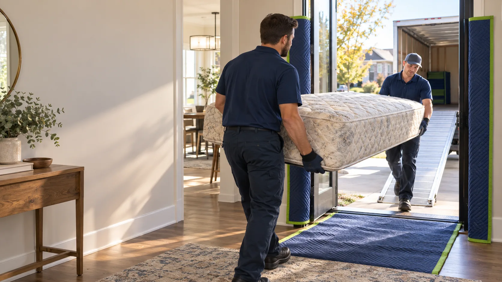 Two movers carrying a mattress through a protected doorway toward a truck